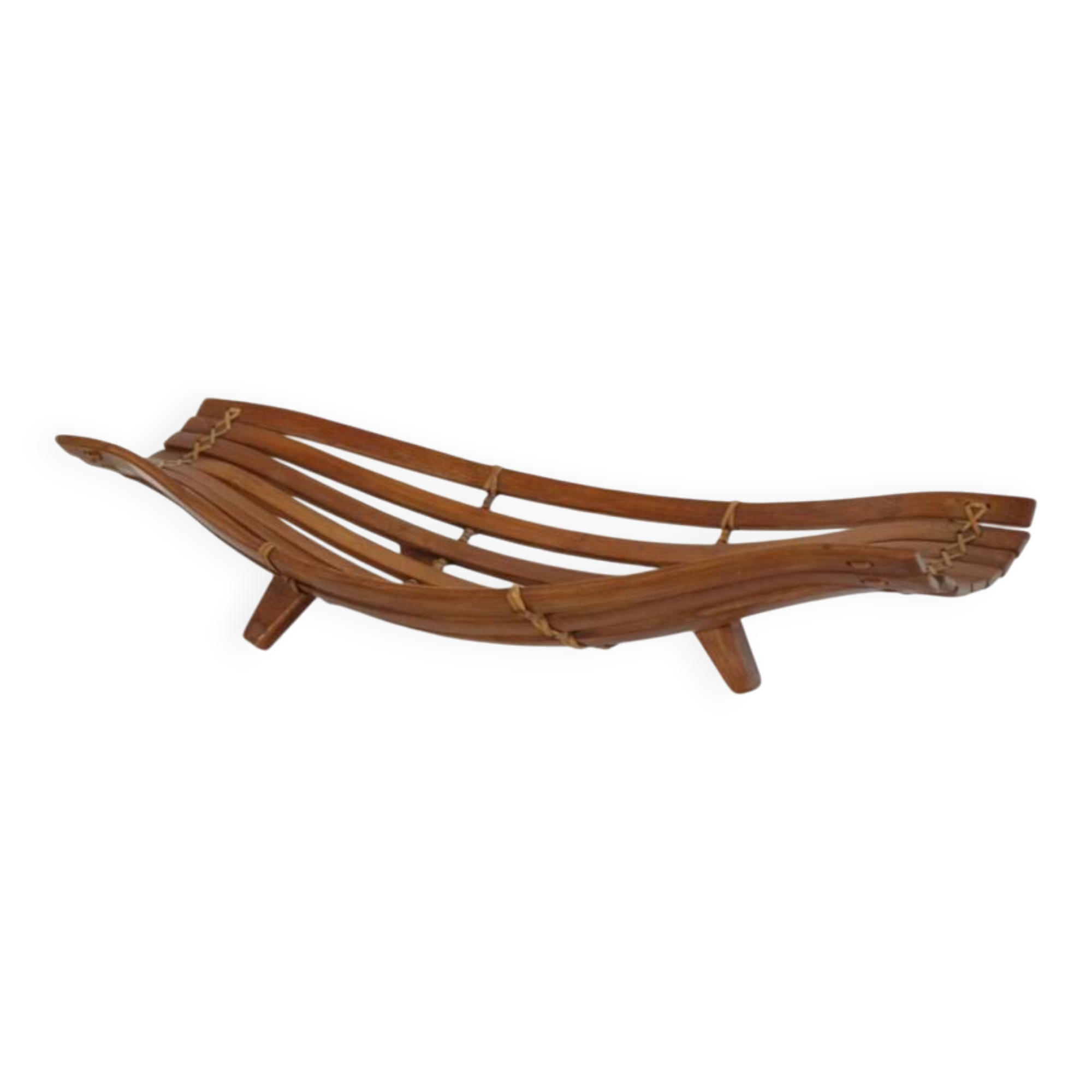 Vintage curved wood and rattan basket 1960