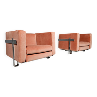 Peach pink velvet chaise longues by Luigi Caccia Dominioni for Azucena, 1960s.