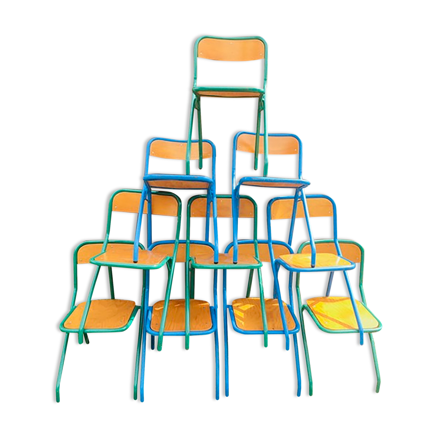 Lot de 10 chaises écoles des années '70, 5 bleus et 5 vert