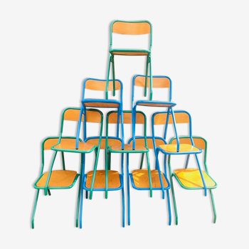 Lot de 10 chaises écoles des années '70, 5 bleus et 5 vert
