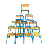Lot de 10 chaises écoles des années '70, 5 bleus et 5 vert