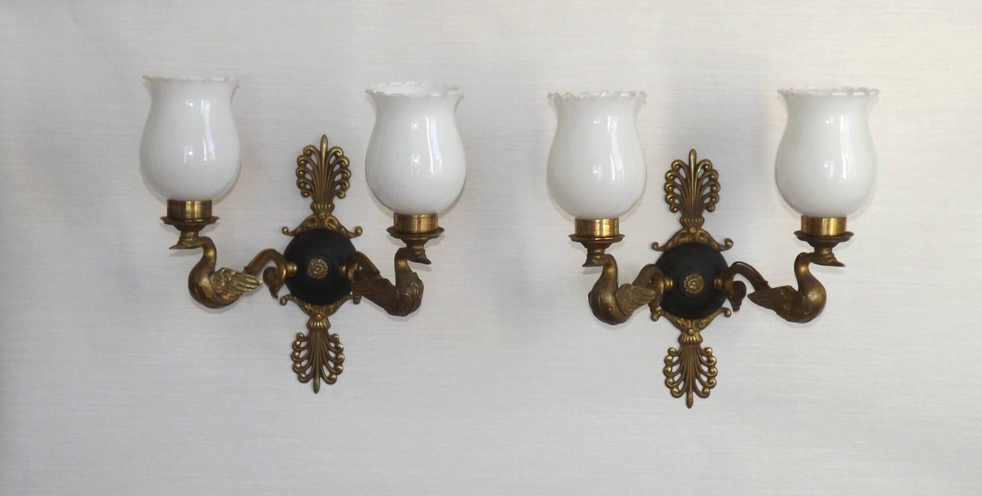 Pair Of Lucien Gau Style Double Swan Wall Lights With Opaque Glass Shades