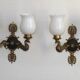 Pair Of Lucien Gau Style Double Swan Wall Lights With Opaque Glass Shades