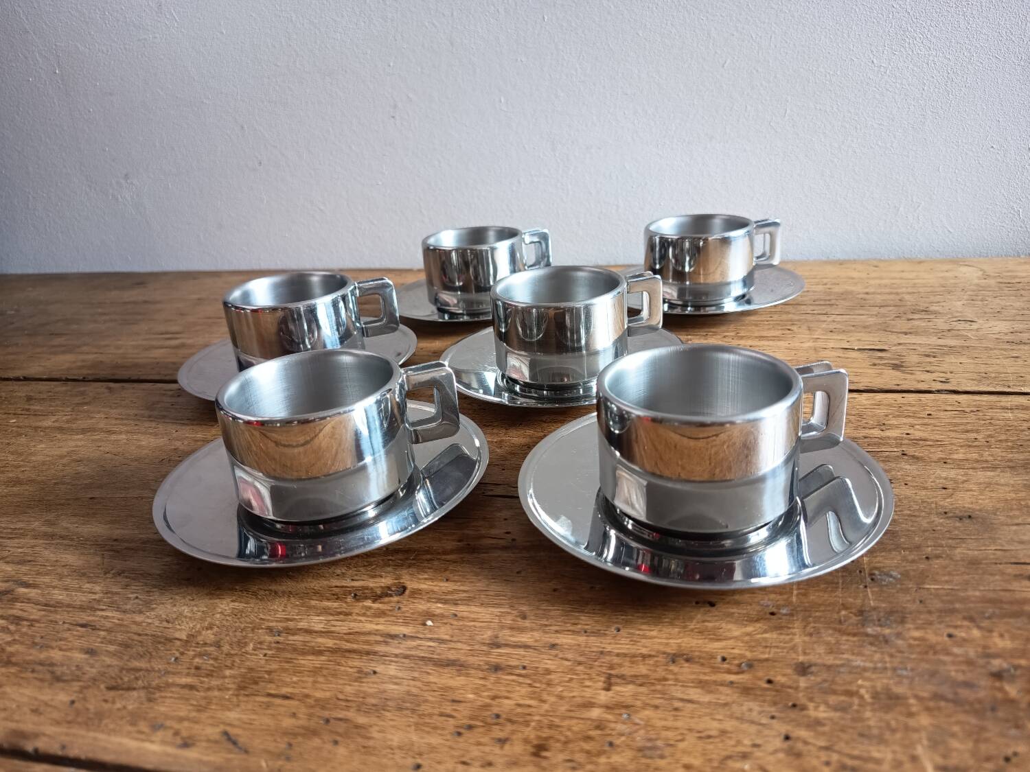 Set of 6 Casalinghi stainless steel cups and saucers, vintage Italian design