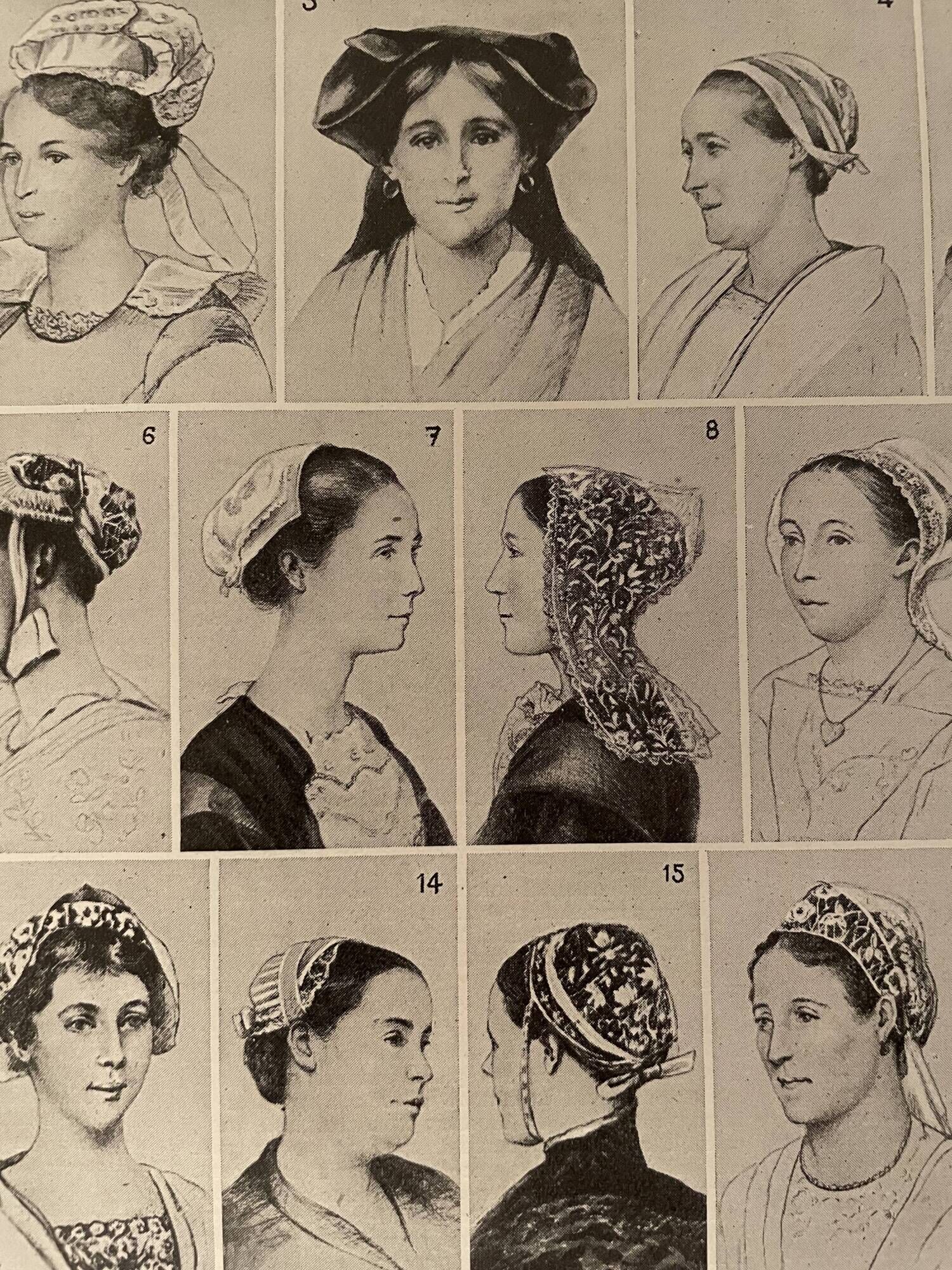 Lithograph on breton headdresses from 1926 (Finistère Morbihan Loire Inférieure)