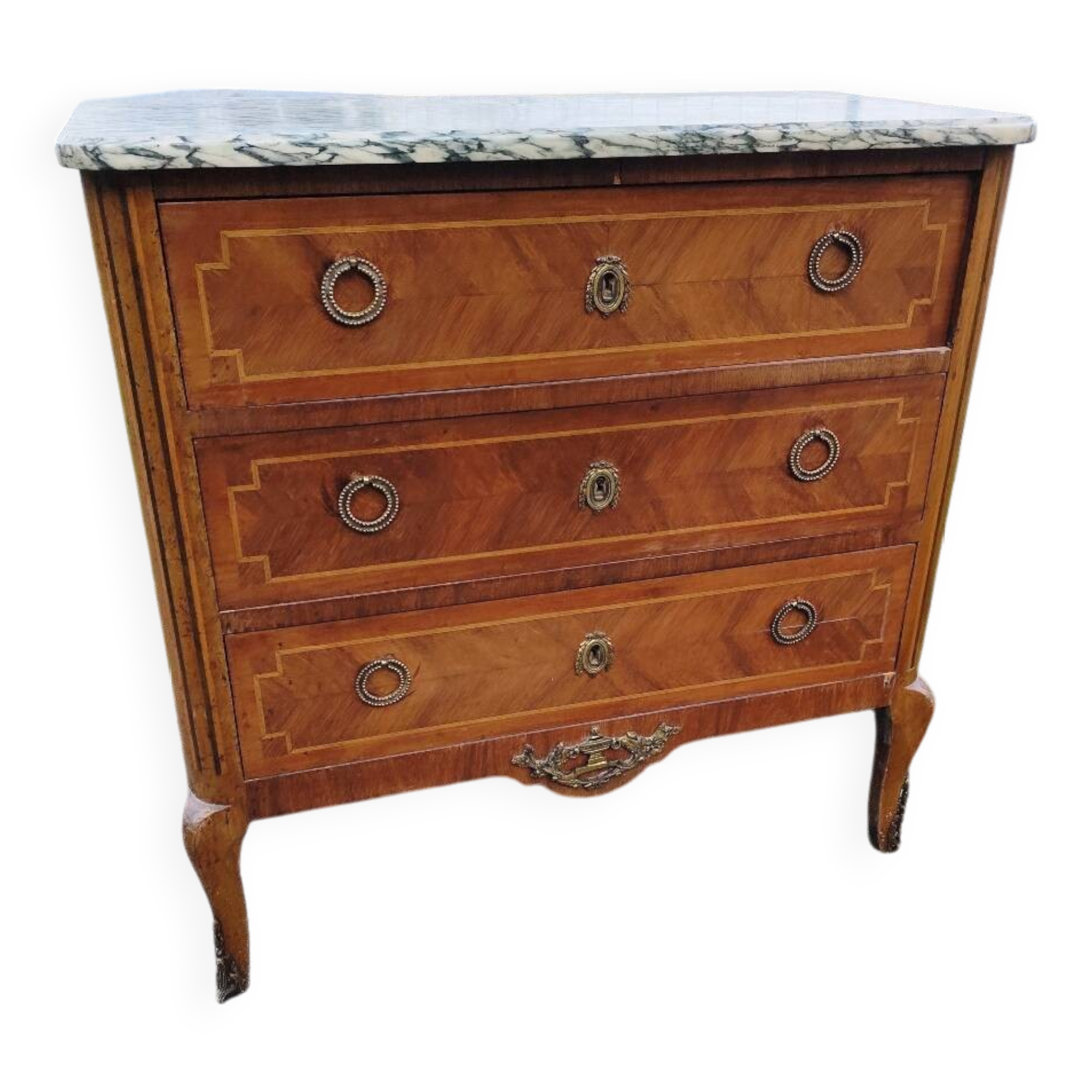 Louis XV, Louis XVI transitional style chest of drawers in marble and wood marquetry