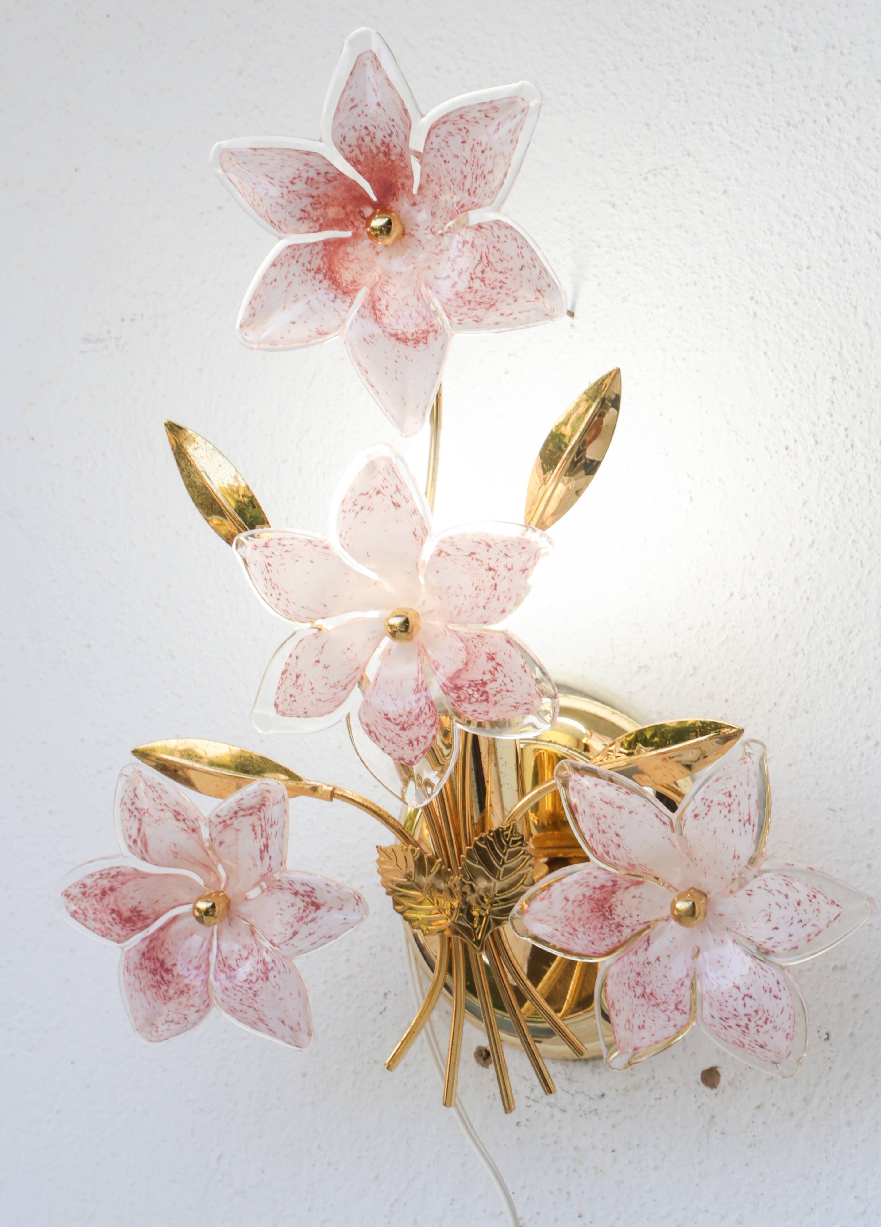 Ensemble de 2 appliques Murano fleurs roses, années 1970