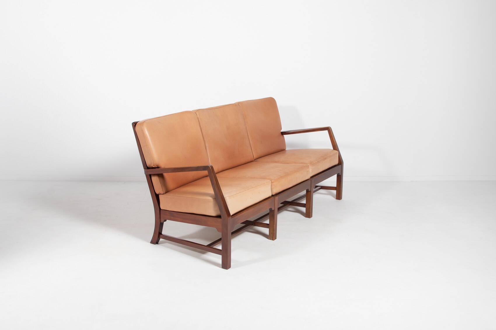 Mid-Century Danish Modern 3-seats sofa with cognac leather cushions