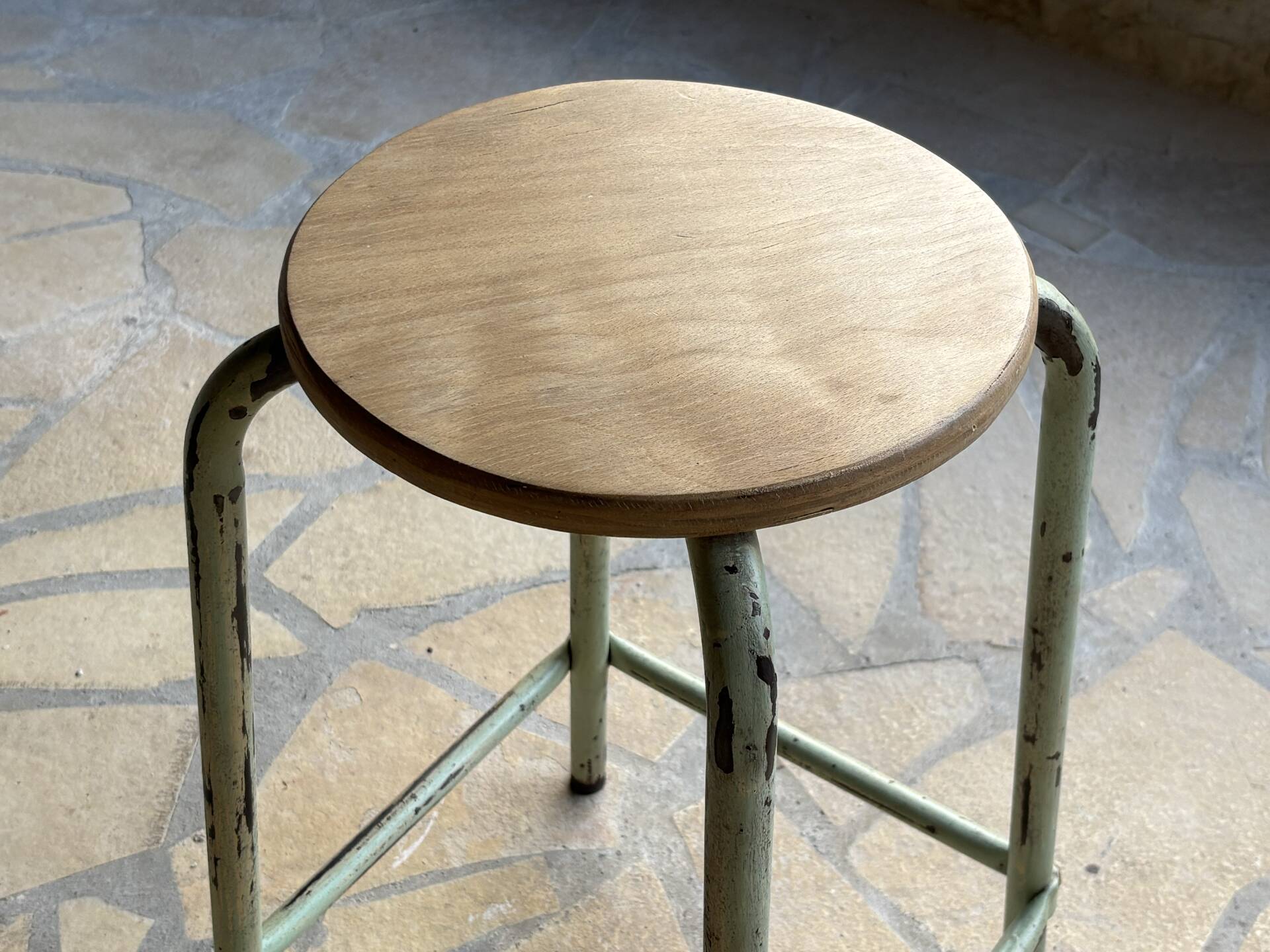 Vintage metal and beech school stool - restored