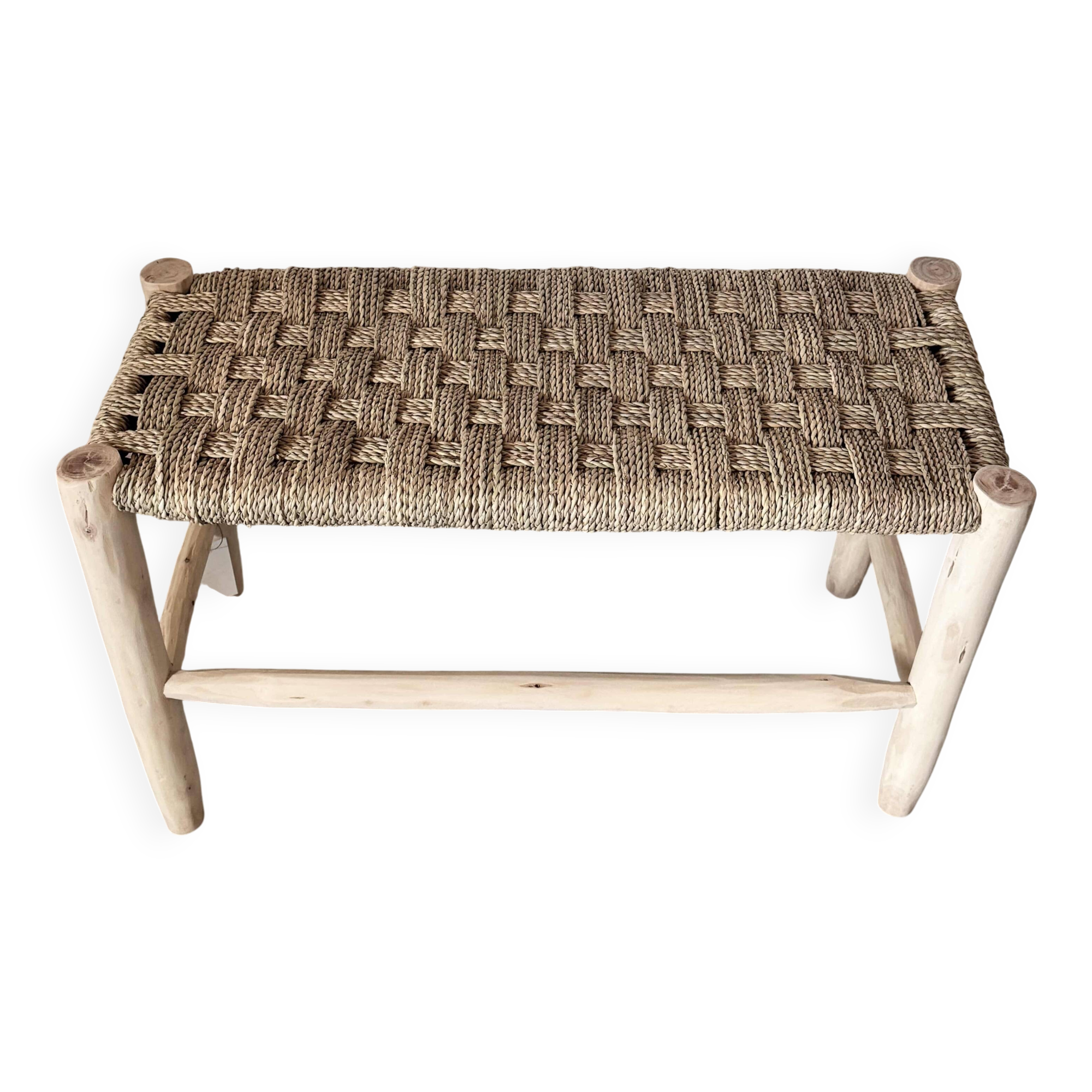 Moroccan wooden and rope bench – Checkerboard weave