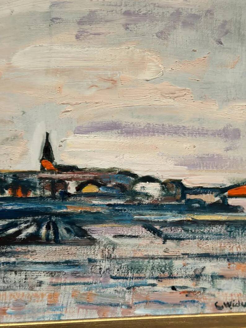 Original Swedish Oil on Panel – "Uppsala" by Gusten Widerbäck – Signed – Dated 1965 (on the back) – Framed – 38 × 43 cm