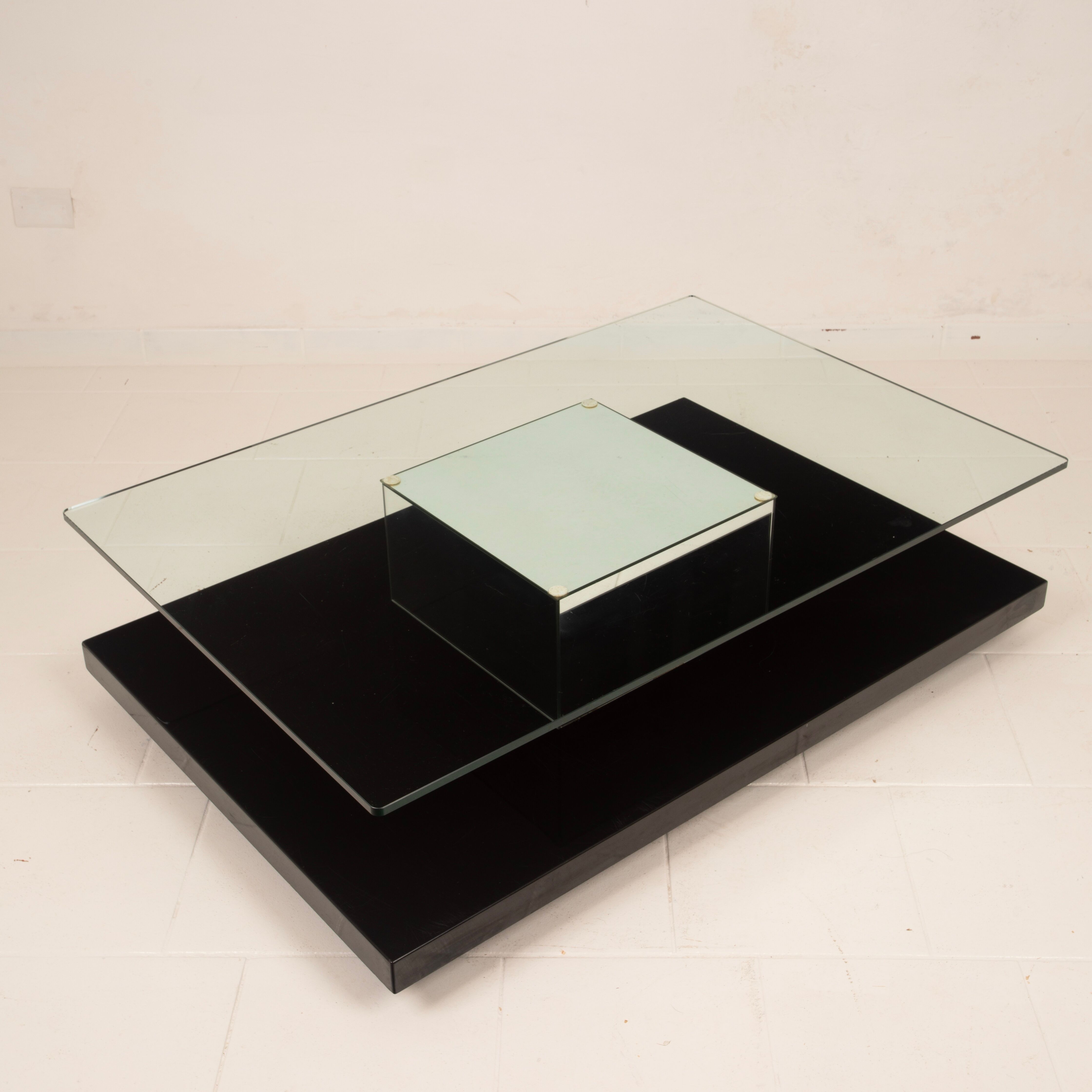 Cidue Mid Century Italian Black Lacquer, Mirror and Glass Coffee Table 1970
