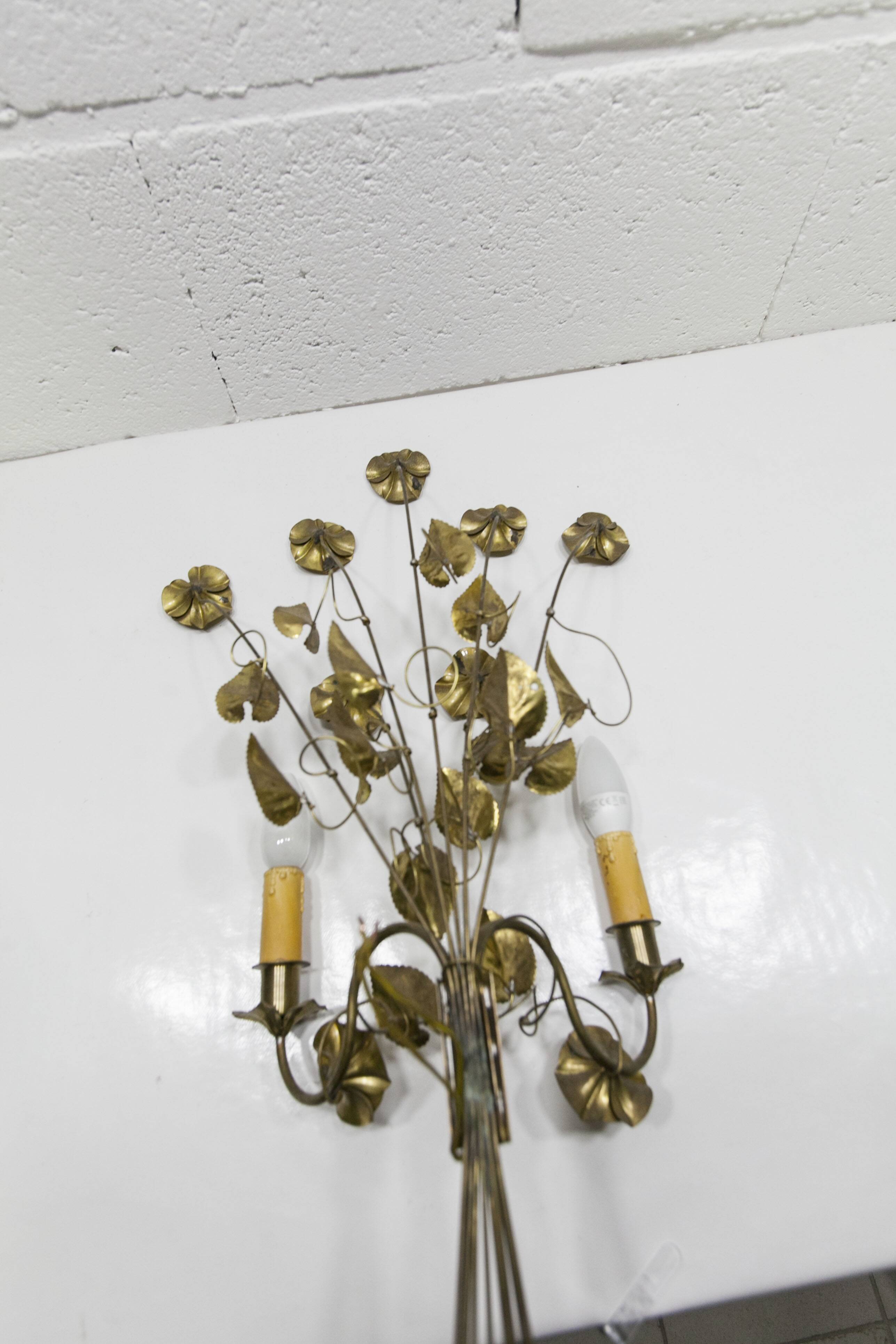 Pair of double flower bouquet sconces in brass 1960