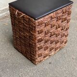 2 Scandinavian poufs in woven brown water hyacinth and leather