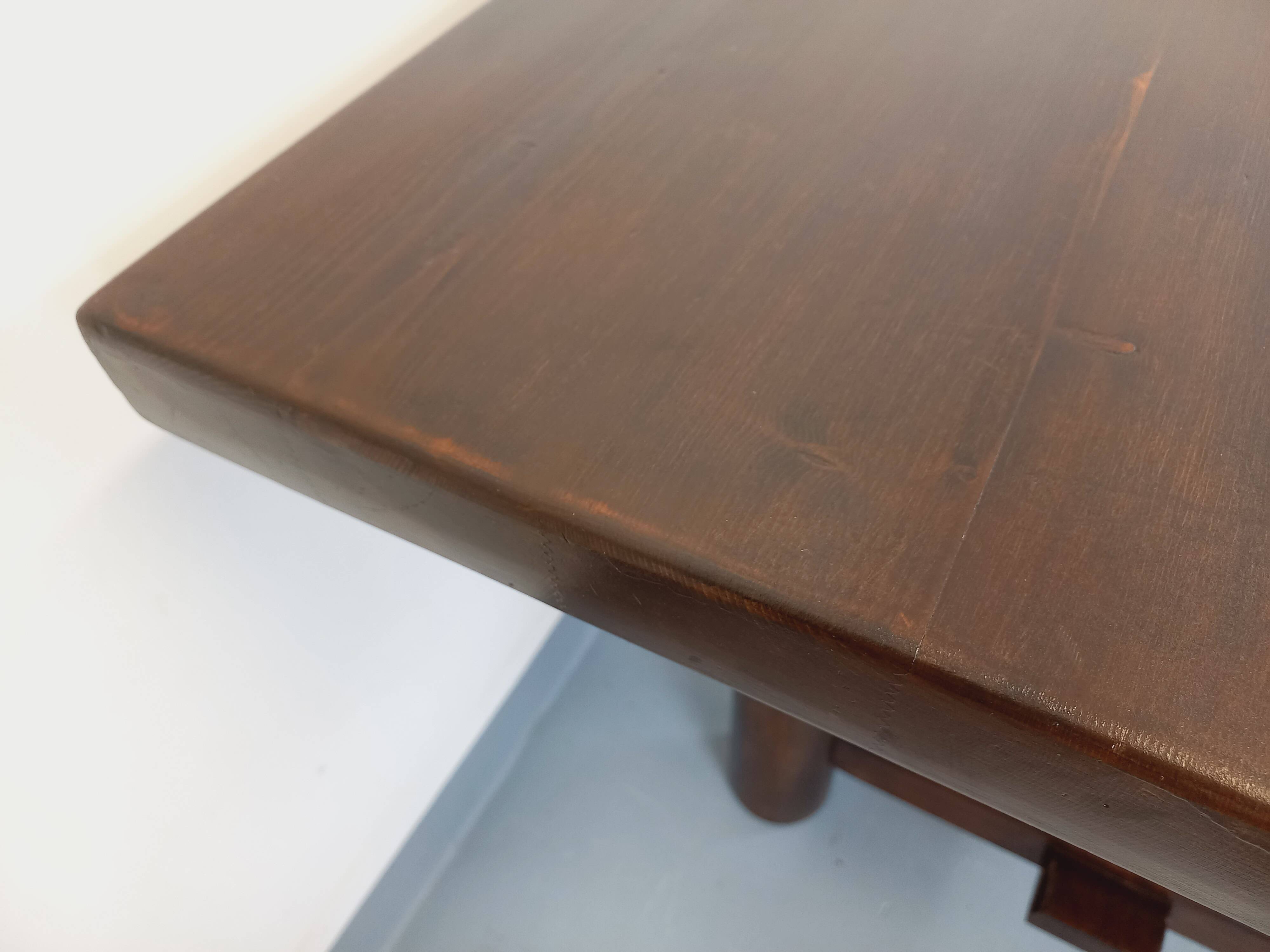 Brutalist rectangular dining table by Georges Robert in pine wood.