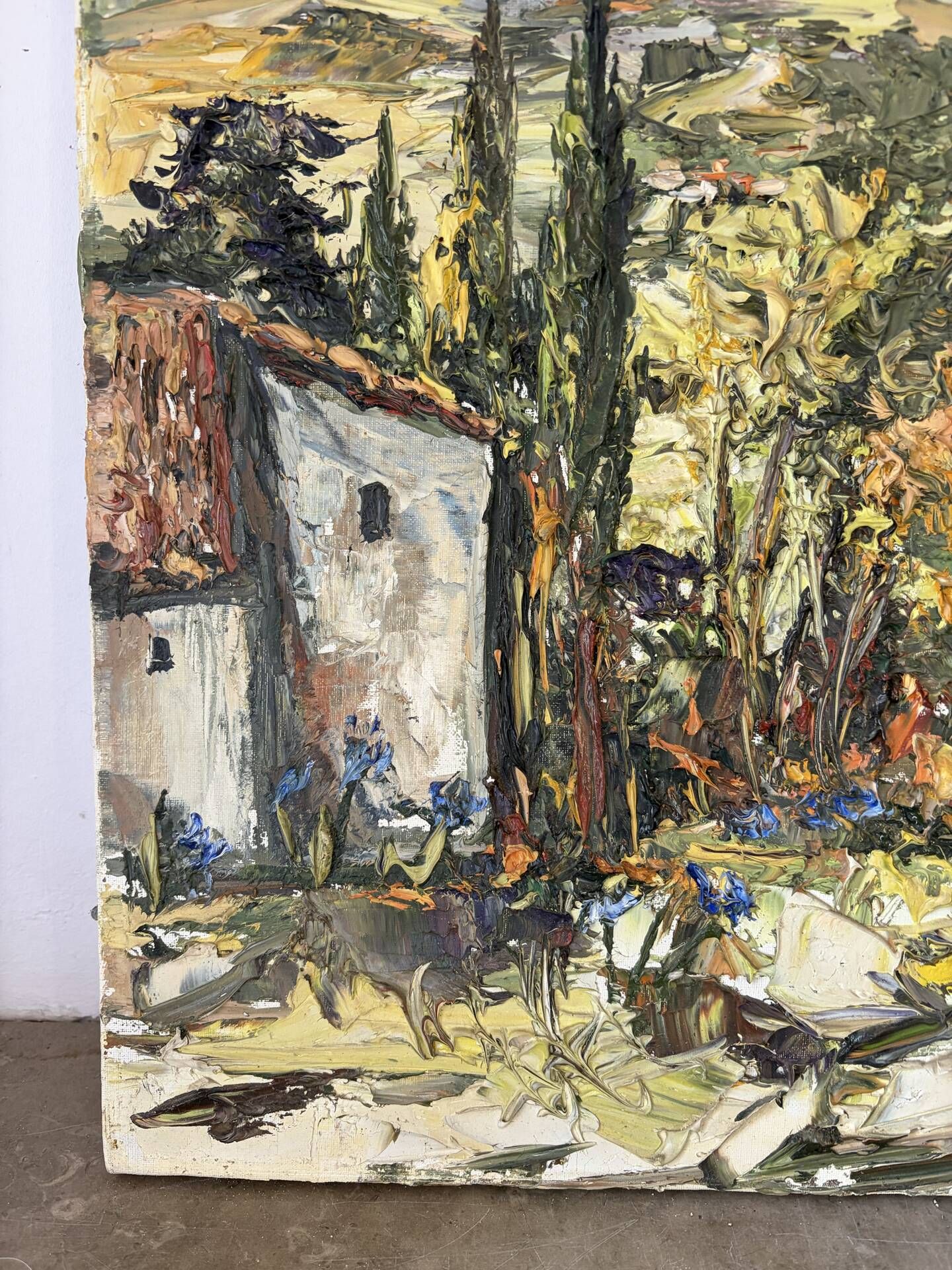 Provençal village landscape, knife oil painting signed René Lechair.