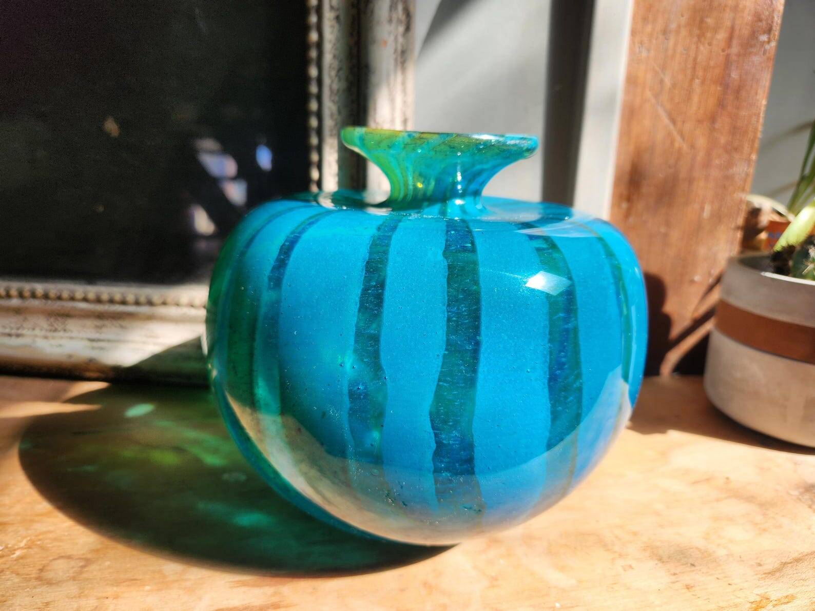 Vintage 1976 Mdina Glass Ming Bulbous Vase Blue and Yellow Swirl Hand Blown