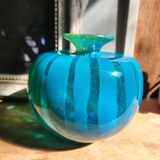 Vintage 1976 Mdina Glass Ming Bulbous Vase Blue and Yellow Swirl Hand Blown