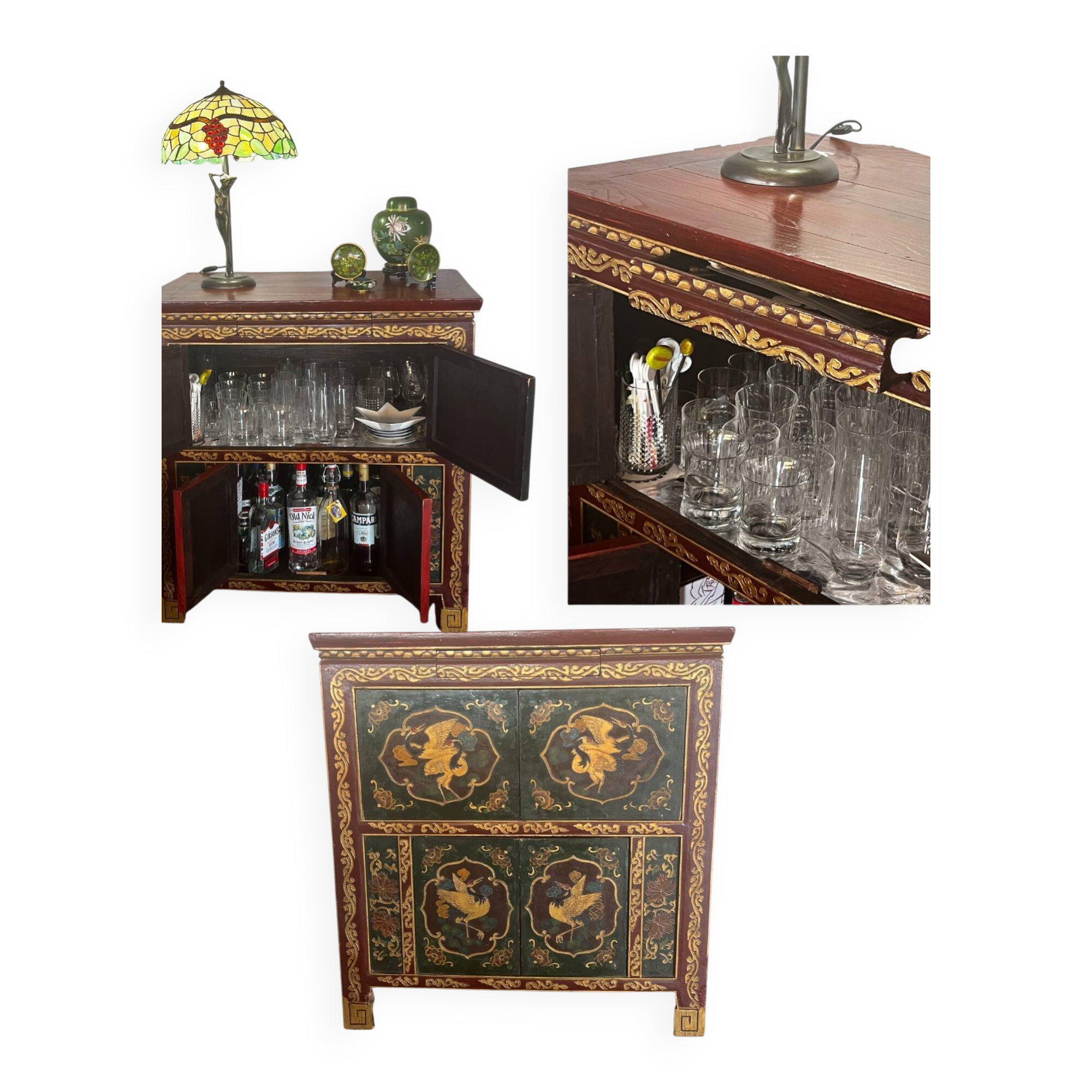 Rare Ancient Tibetan Buffet – Hand-Painted Wood – Floral & Traditional Decor