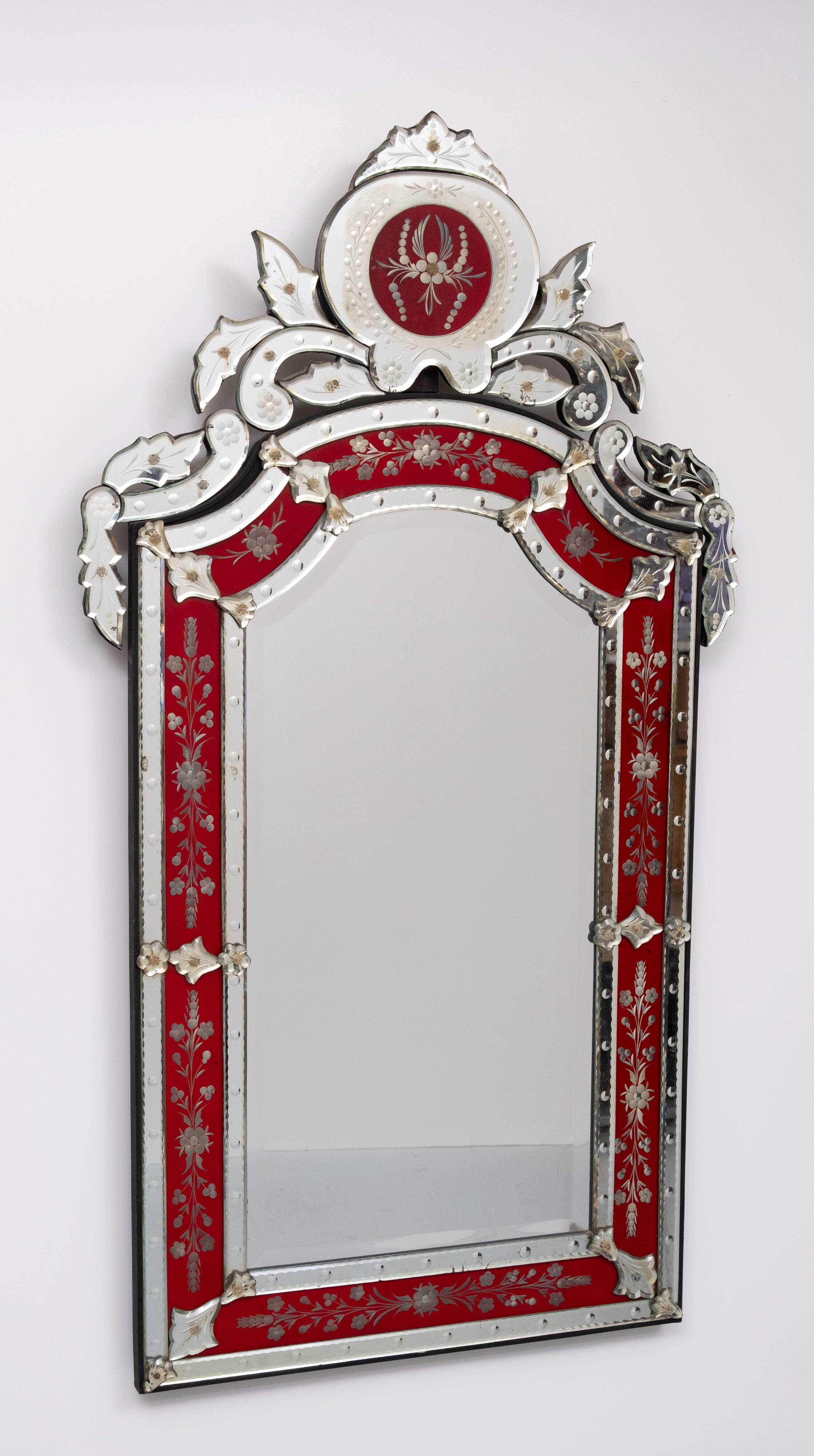 Large Vintage Venetian Red Glass Etched Wall Mirror