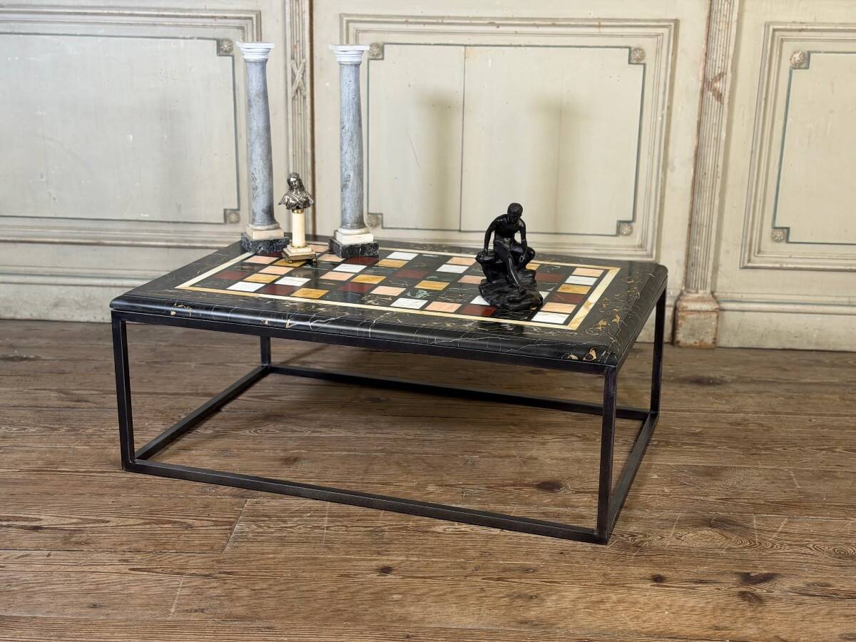 Coffee table, marble samples, custom metal base.