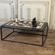 Coffee table, marble samples, custom metal base.
