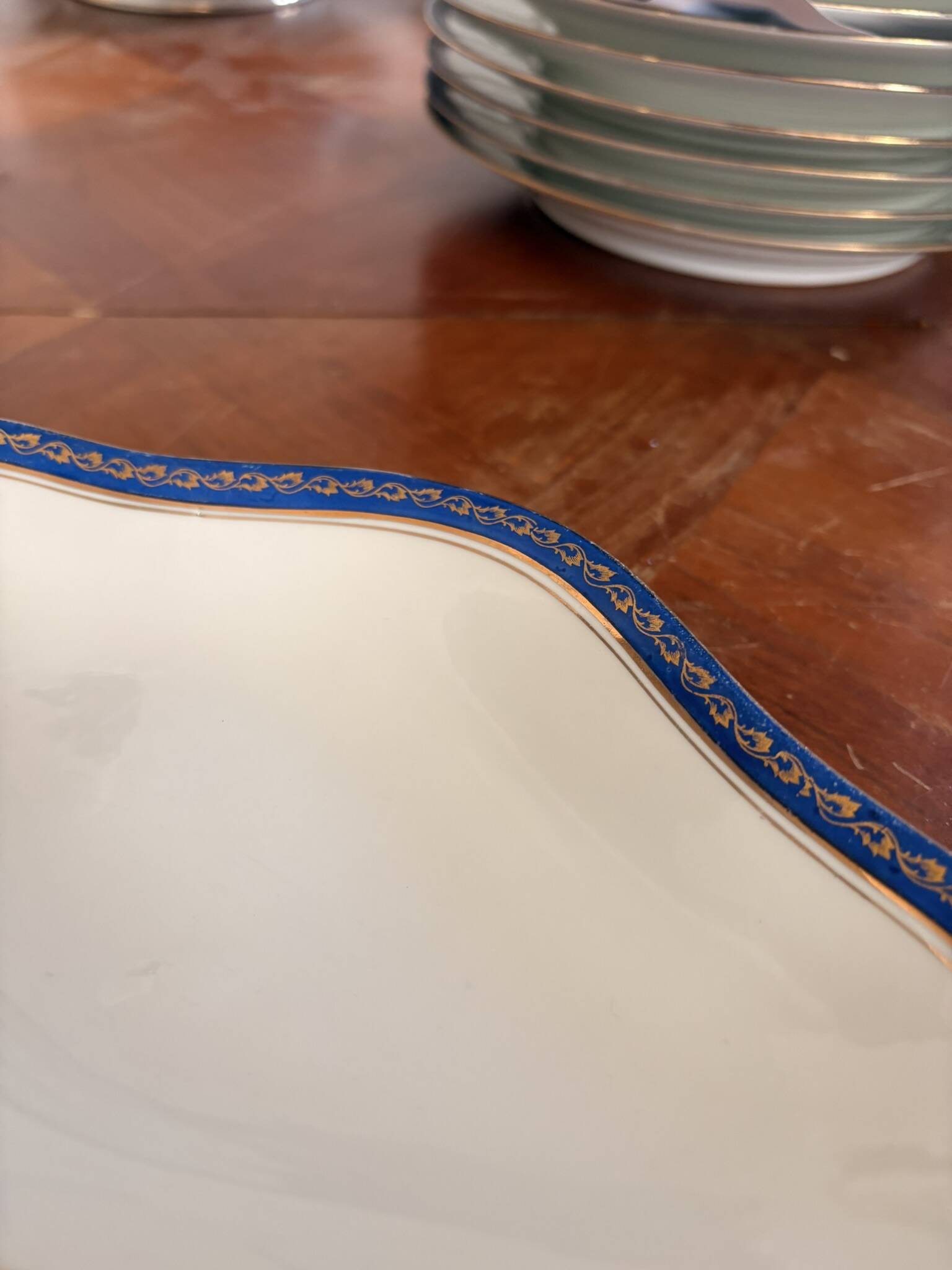 Plate, Ramekin, Salad Bowl 23cm, Limoges Porcelain, Blue and Gold, Betoule