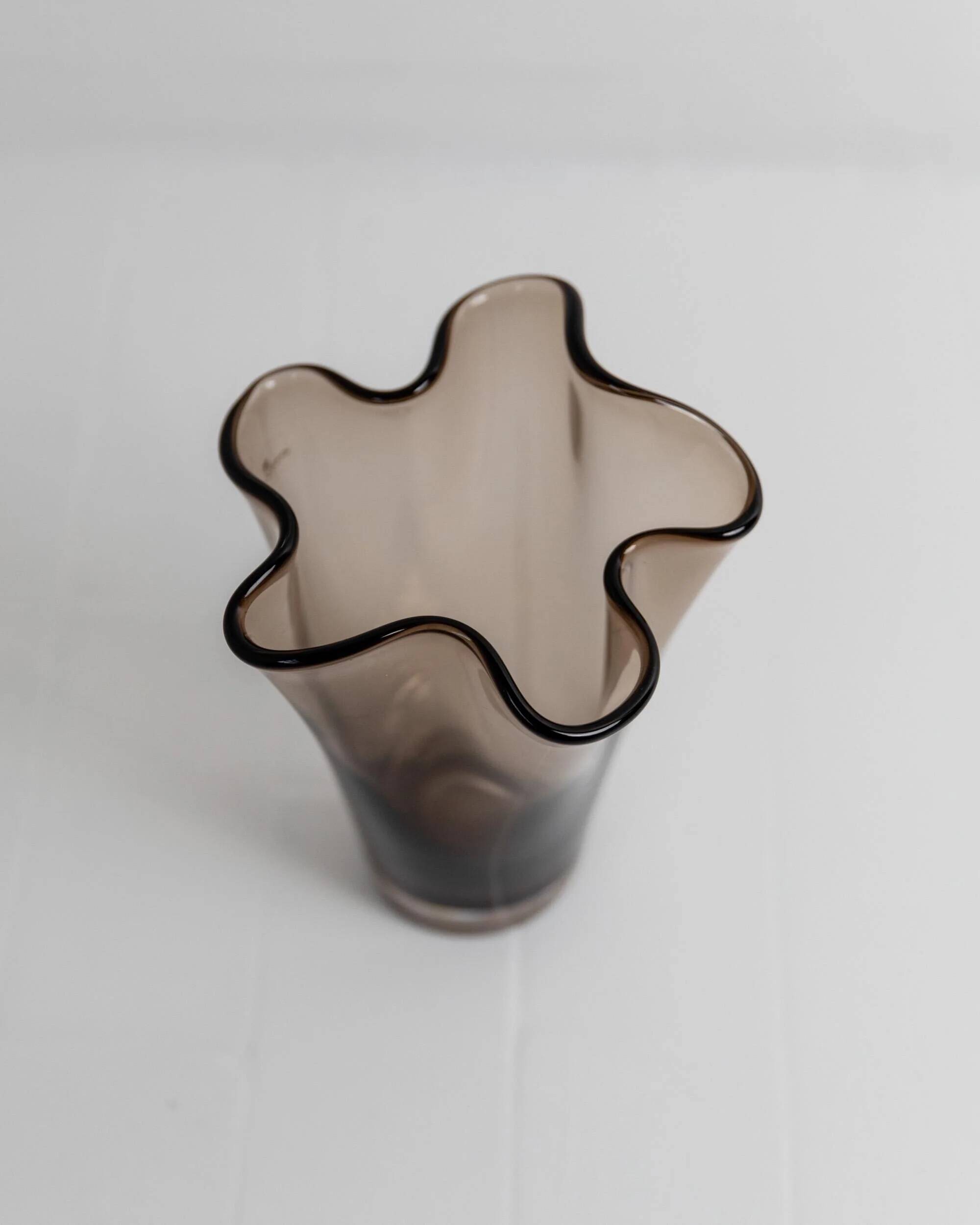 Vintage Murano glass vase from the 1980s, smoky brown, organically wavy shape.