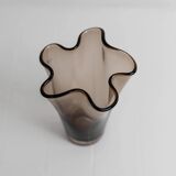 Vintage Murano glass vase from the 1980s, smoky brown, organically wavy shape.