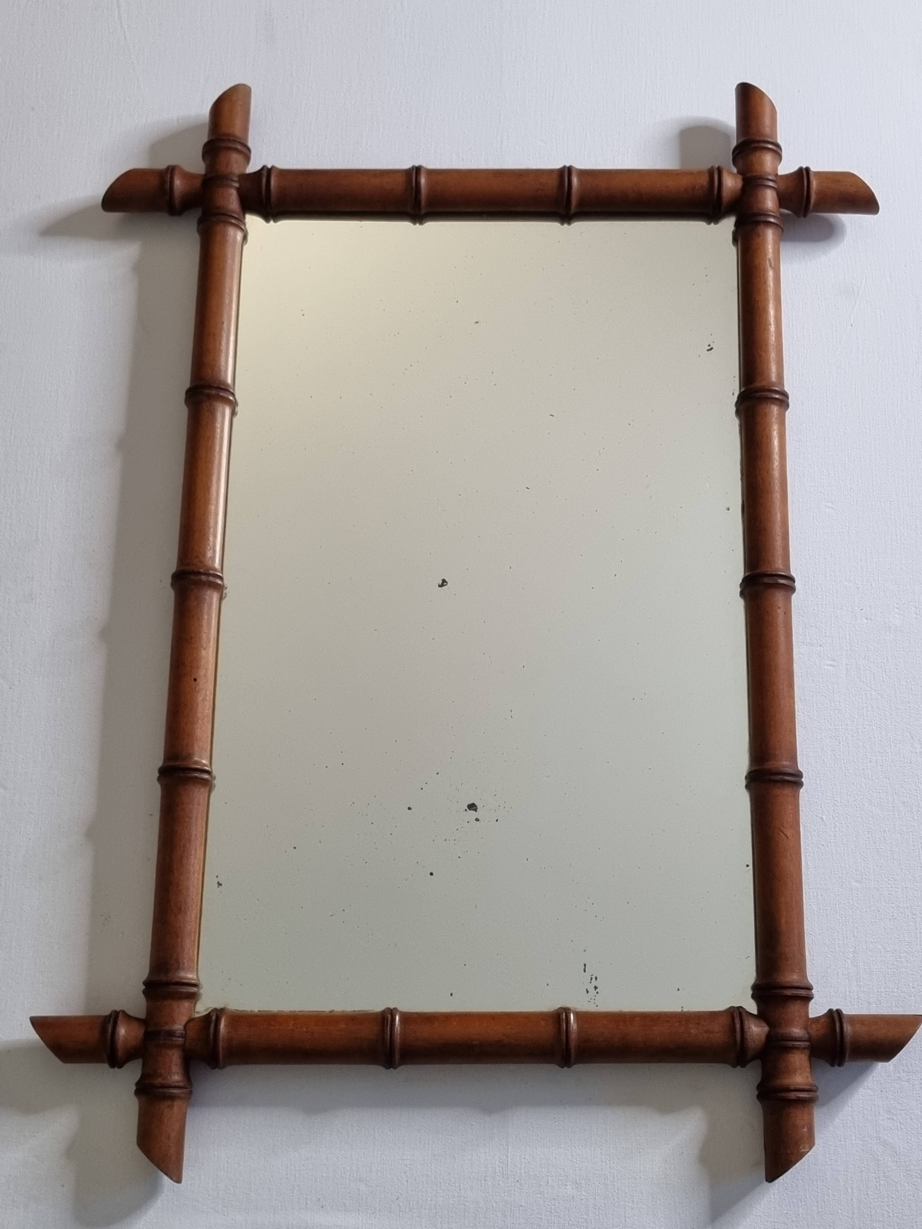 Large French mirror in turned bamboo-style wood, 54 x 76 cm