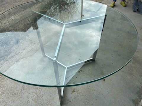 Large round table slab of stainless glass base