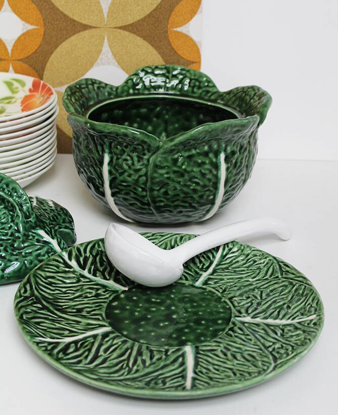 Soup tureen and green cabbage plate