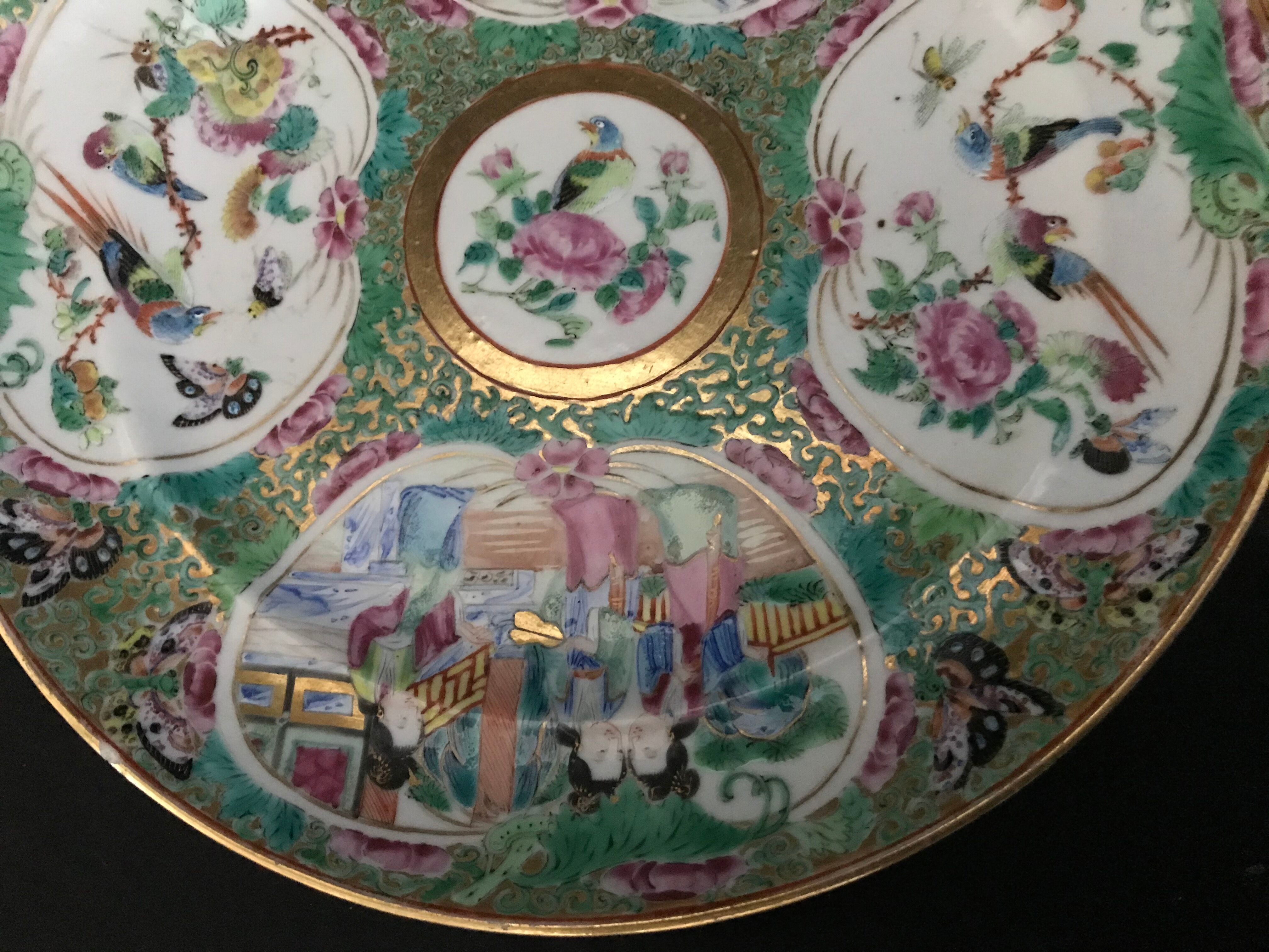 Canton porcelain plate - Character and Bird Decoration - China - 19th Century