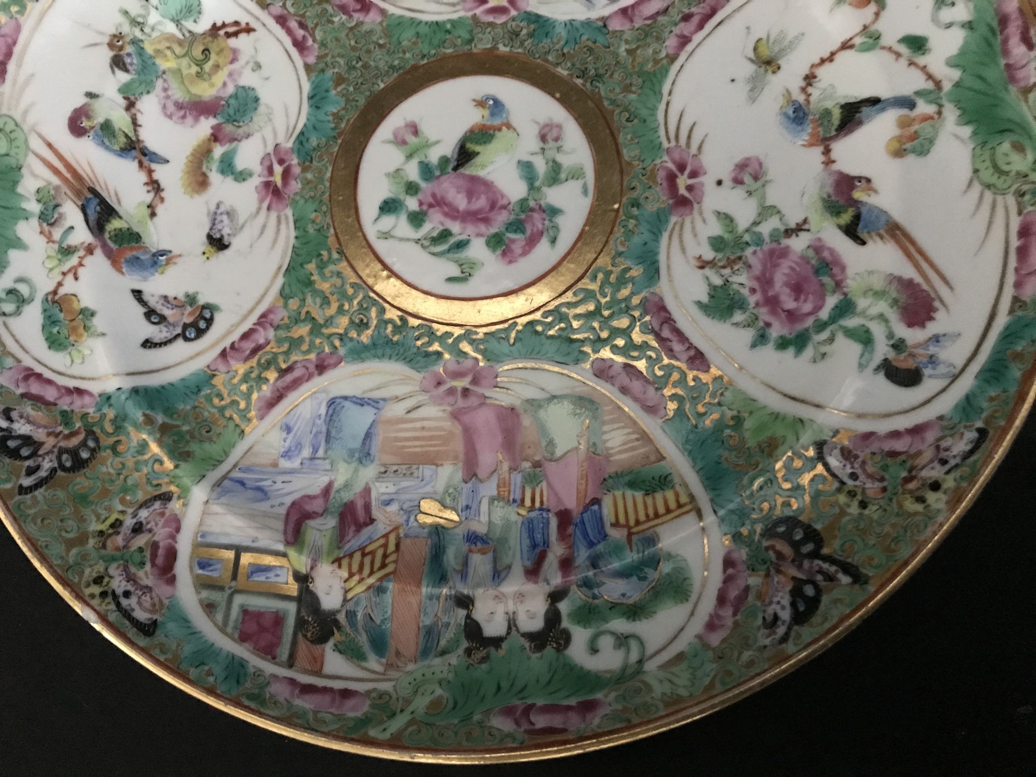 Canton porcelain plate - Character and Bird Decoration - China - 19th Century