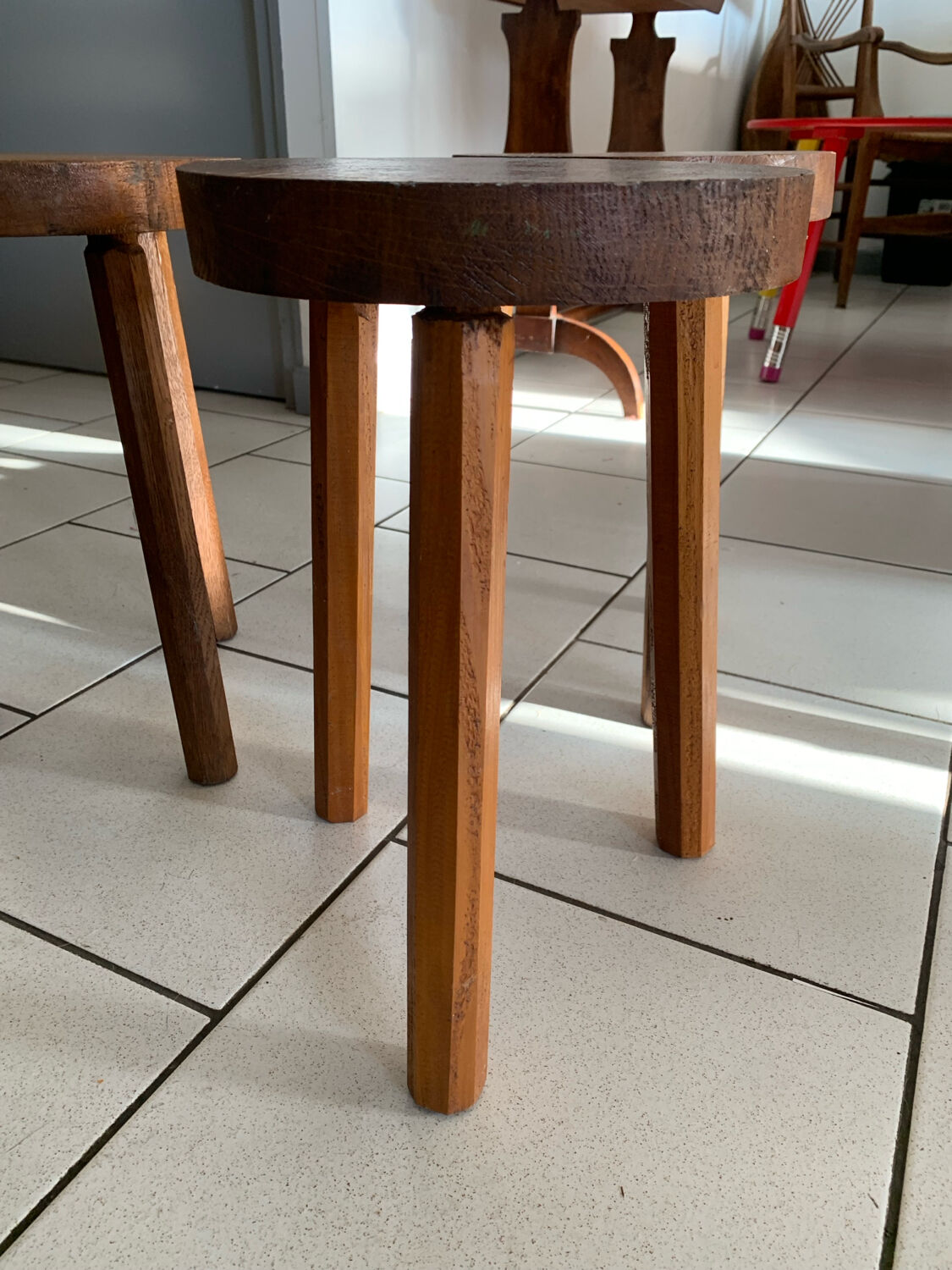 Lot of vintage wooden tripod stools