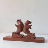 Paire de serre-livres vintage en bois sculpté à la main, décor ours