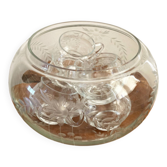 European 6 Person Punch Bowl with 5 Liters Capacity, Handcrafted Clear Crystal Glass with Floral Bar