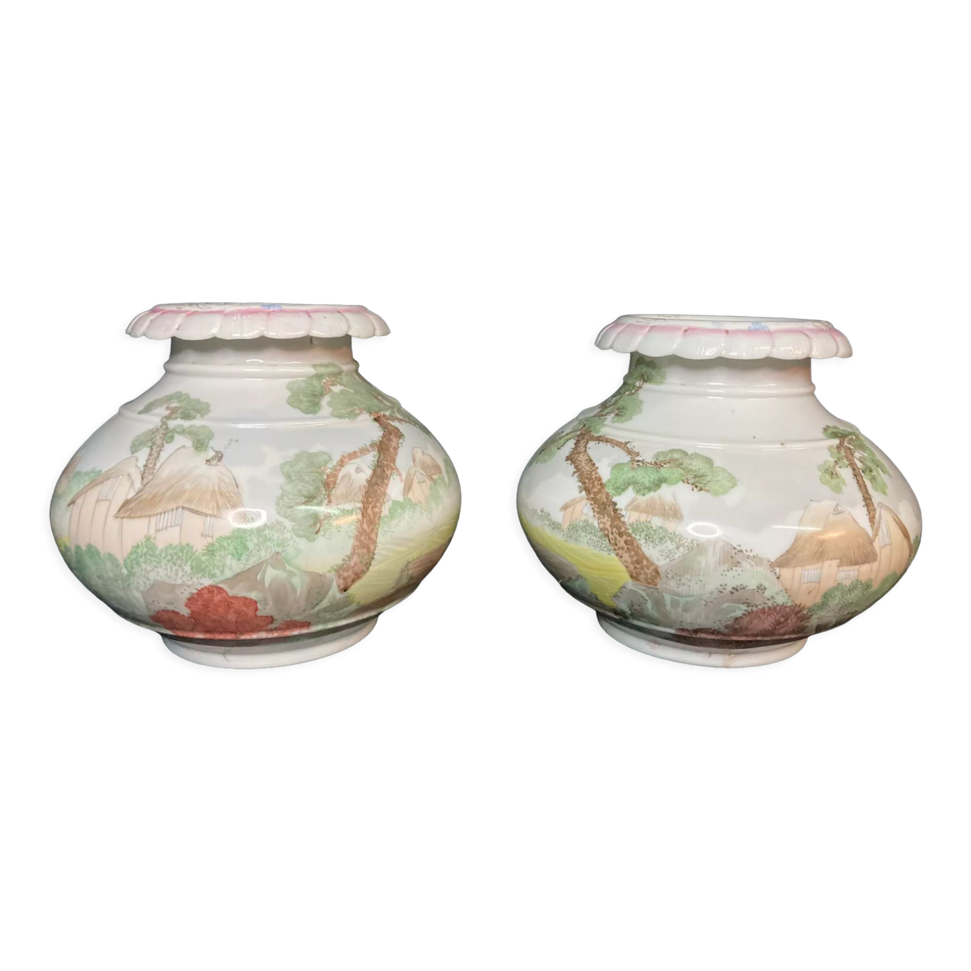 Pair of porcelain ball vases with cottage decor, late 19th century