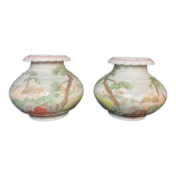 Pair of porcelain ball vases with cottage decor, late 19th century