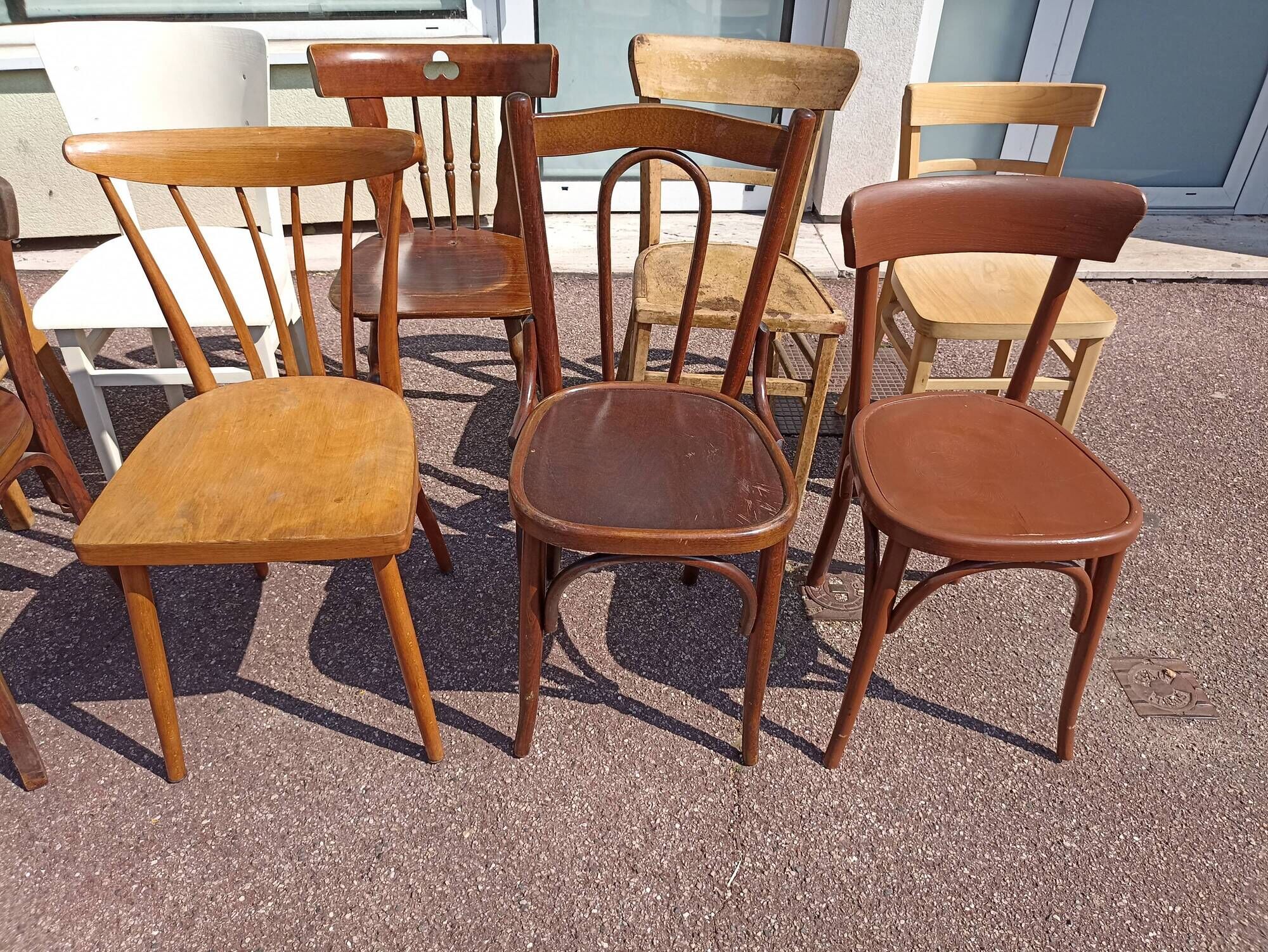 Set of 18 mismatched wooden bistro chairs - vintage