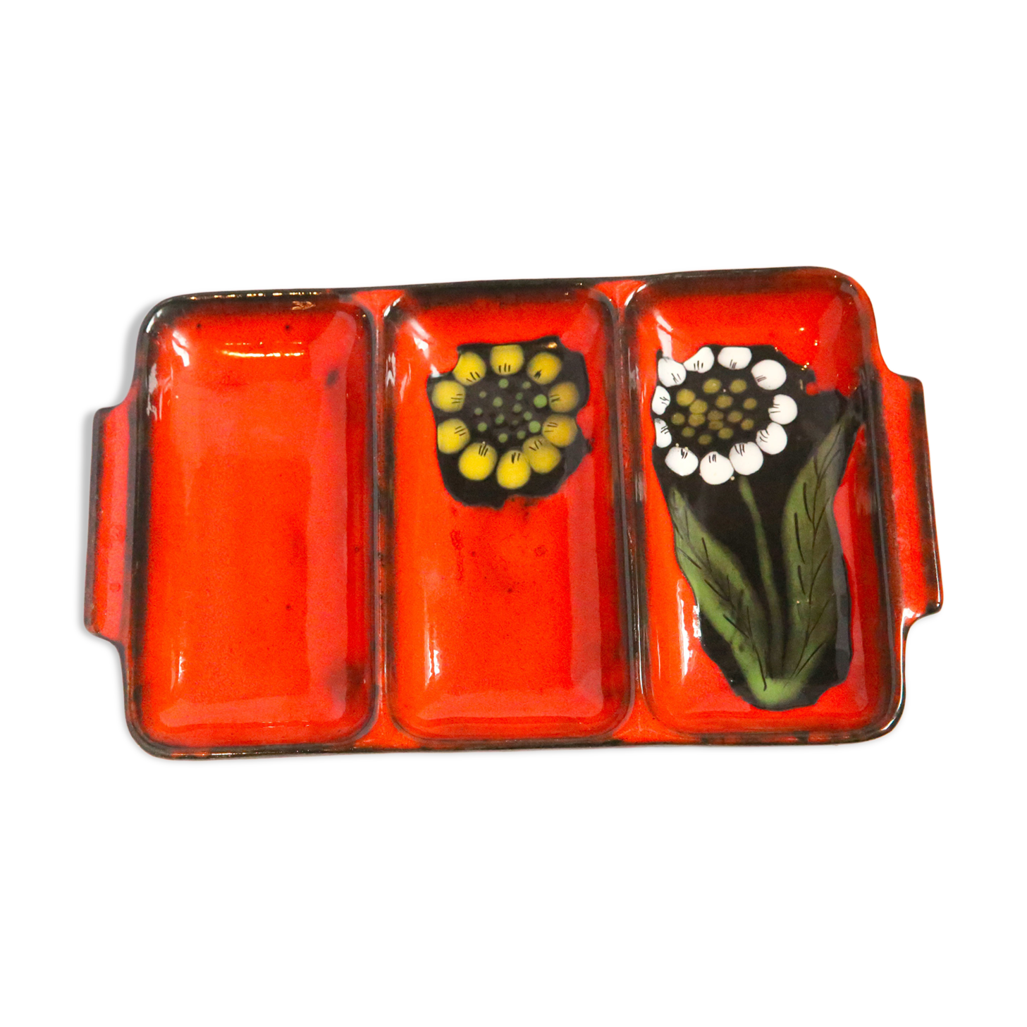 Plate 3 red compartments with flowers 60s, 70s