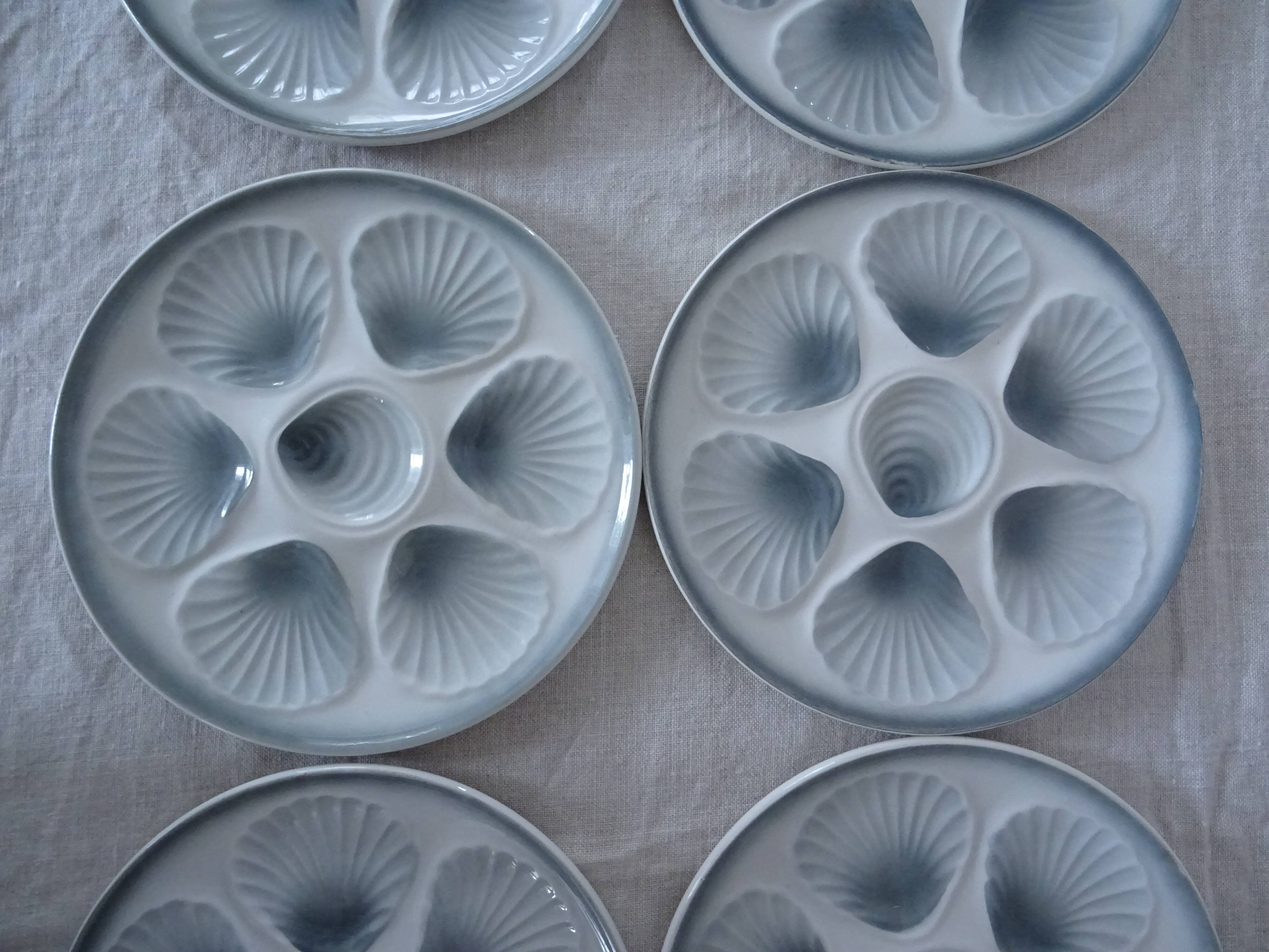 6 oyster plates slip mill wolves blue gray 1492 old faience