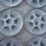 6 assiettes a huitres barbotine moulin des loups  bleu gris 1492 faience ancienne