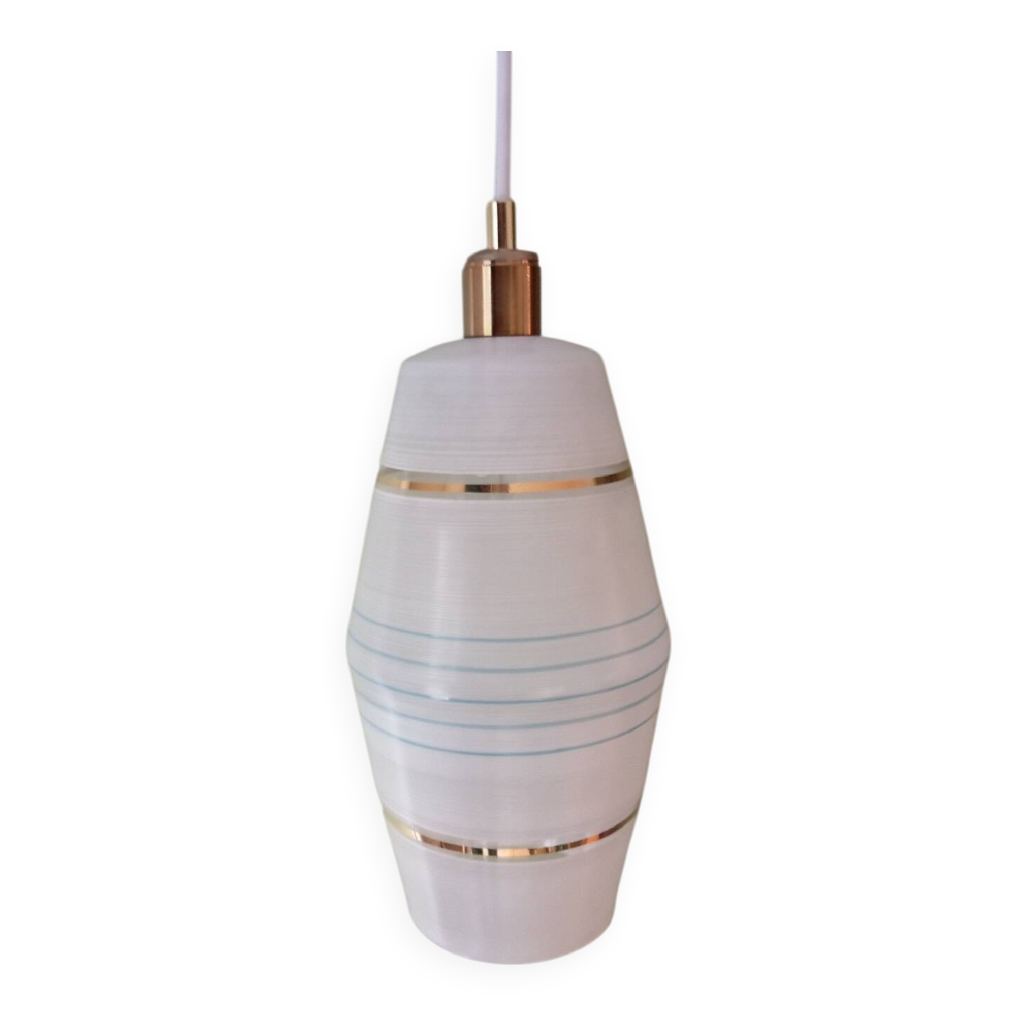 Mid century art deco pendant light fixture, gold striped glass, azure blue