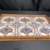 Art Deco, wooden tray and Gien earthenware tiles with basket decor circa 1940