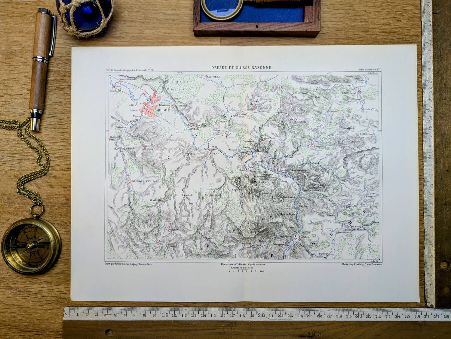 Dresden and Saxon Switzerland, original map printed in 1879.