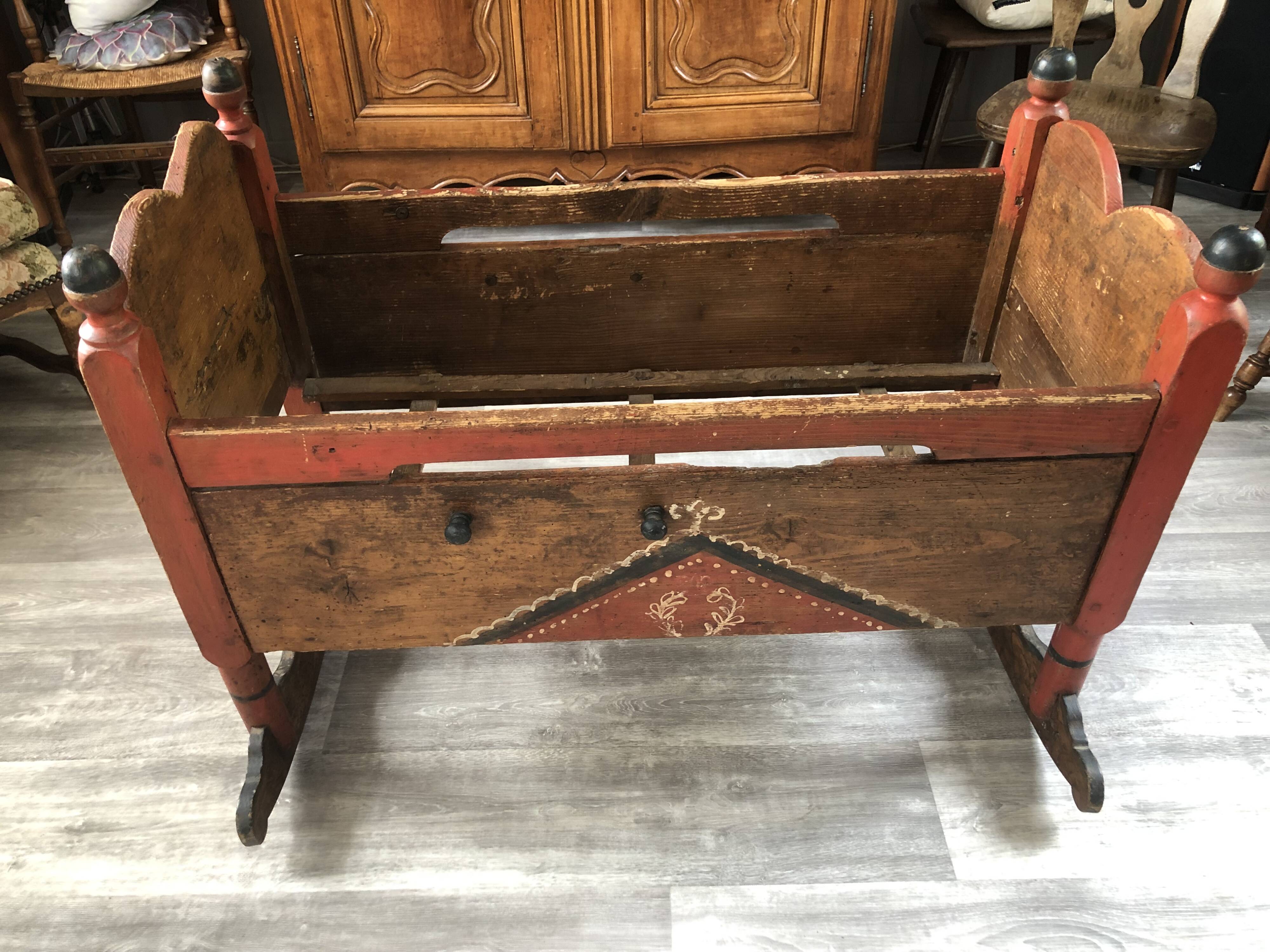 Berceau meuble polychrome alsacien de Brumath 19eme siècle 1837