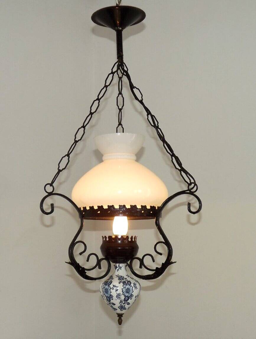 French country lantern ceiling light blue floral finial opaque glass shade 4521