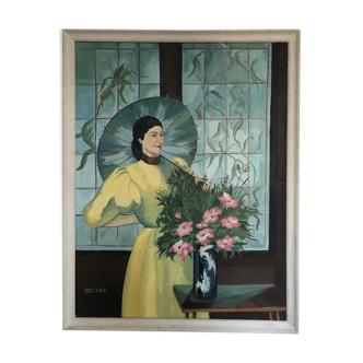 Painting of a woman with an umbrella