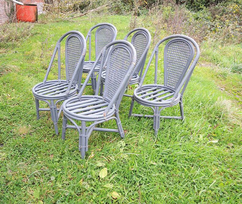 5 old rattan & gray cane chairs